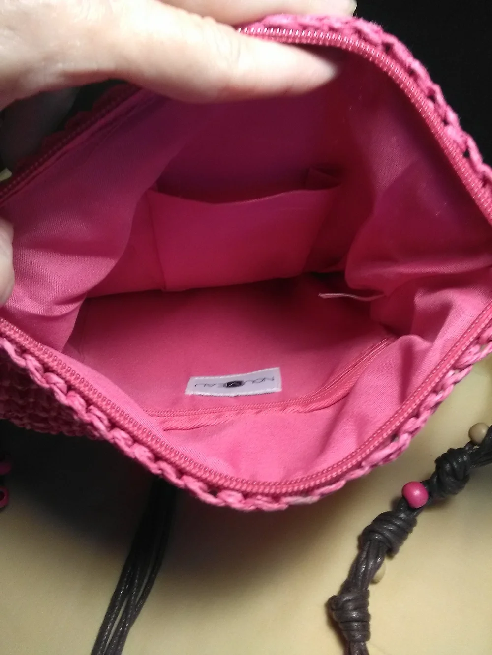 NWOT Handmade Pink Crochet Crossbody Bag LEATHER Beaded Strap